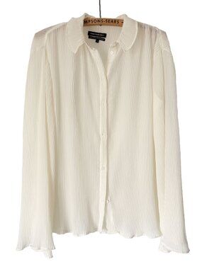 Something Navy Womens Pleated Button Up Blouse Tie Cuff Cream Ivory Size XS